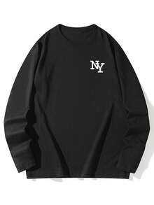 Women's Loose Fit Cotton Letter Print Graphic Round Neck Casual Long Sleeve T-Shirt, Versatile For Spring & Autumn