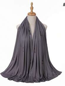 1件装女士针织弹力罗纹面料水钻珍珠穆斯林头巾围巾，适合搭配连衣裙 - 彩色 - 查看 18