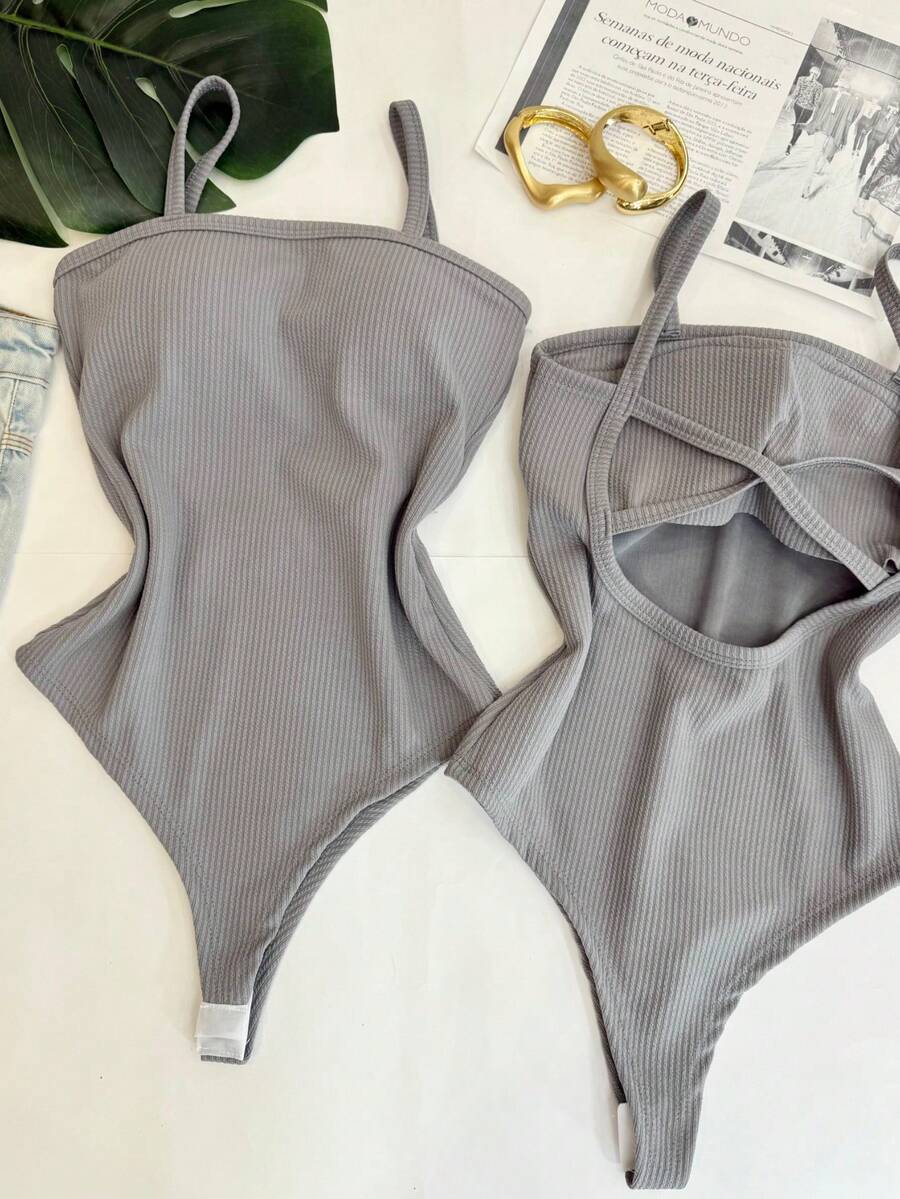Women's Bodysuit With Braided Straps, Anarruga Fashion Blogger - 灰色 - 查看 1