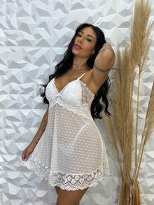 Women's Nightwear Nightgown With Tulle And Lace Thong - 白色 - 查看 3