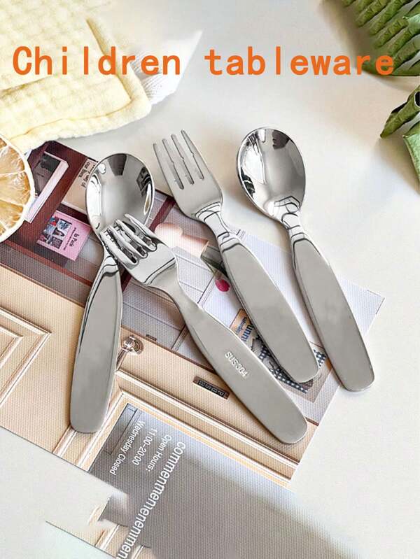 1 pièce Set de couverts pour enfants en acier inoxydable 304, cuillère et fourchette d'alimentation à manche court, cuillère et fourchette à fruits et salade