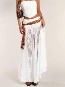 Women's Y2k Summer A-Line Maxi Skirt Stylish Floral Print See Through Elegant Flowy Skirt Fashion High Waist Long Lace Patchwork Skirt For Travel Beach Shopping - trắng - Xem 4