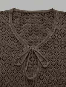 春夏新款女式优雅透视长袖钩针短款罩衫连衣裙，系带腰带针织连衣裙，V 领沙滩裙，适合派对、日常穿着 - 棕色 - 查看 6