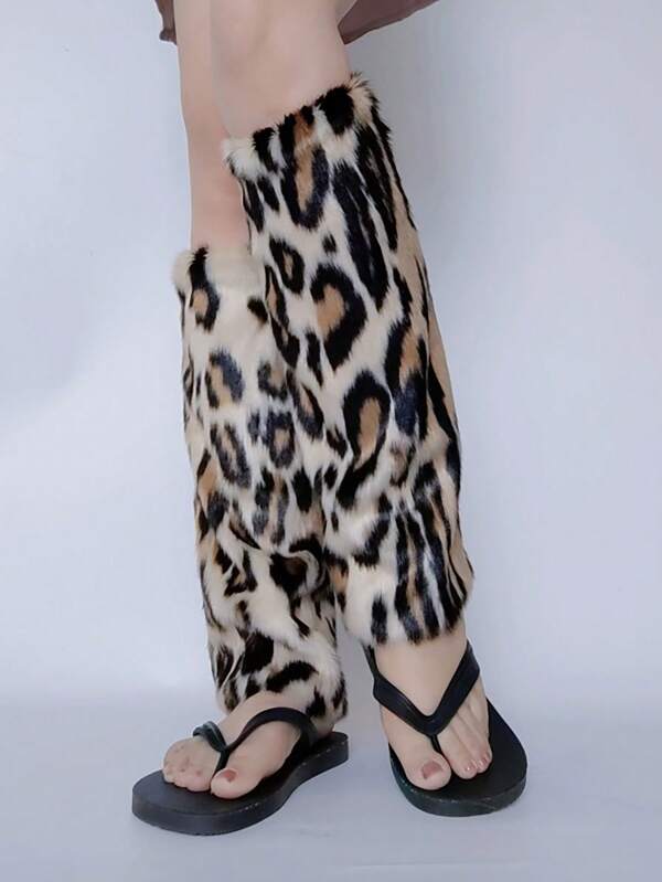 Autumn/Winter Vintage Furry Leopard Print Mid-Calf Leg Warmers, Slim Leg Warmers, Warm Student Japanese Style Leg Warmers For Women Autumn Accessories
