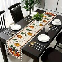 1pc Autumn Gratitude Sister Theme Table Runner - Pumpkin With Green Leaves And Black Grid Design, Suitable For Holiday Parties, Kitchen Dining, Home Decoration, Durable Polyester Material Holiday Table Decoration, Holiday Table Decoration, Autumn Harvest Theme Decoration, Bow Decoration, Autumn And Thanksgiving Decoration.