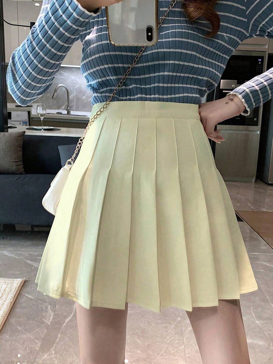 Summer Casual Solid Color Pleated Mini Skirt - Apricot - View 1