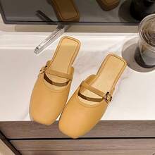 女式米色一脚蹬穆勒鞋，轻便低跟玛丽珍鞋，金属扣带，封闭式鞋头 TPU 凉鞋，橡胶鞋面和鞋底，轻便方便，适合休闲户外穿着，女式正装鞋