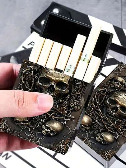 1 pieza Estuche de cigarrillos con diseño impreso de calavera creativa, caja de cigarrillos de plástico portátil, estuche de tabaco con tapa abatible manual, apto para cigarrillos regulares de 20 unidades de 84 mm, almacenamiento de moda para fumadores, regalo ideal para novio, colegas, días festivos