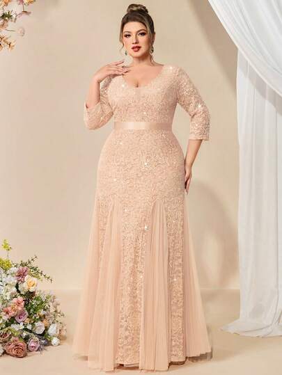 Vestido maxi de sirena con cuello en V profundo, encaje floral con lentejuelas y malla, adecuado para invitados de boda, cumpleaños, reuniones familiares, vacaciones, ceremonias de graduación y otras ocasiones elegantes de primavera, talla grande
