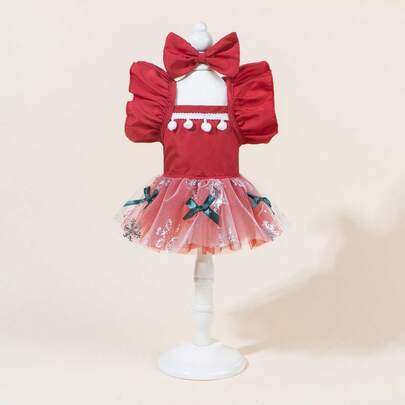 一套宠物薄纱连衣裙，带领结，可爱印花连衣裙+领结宠物服装，弹力网纱公主宠物连衣裙，适合猫狗