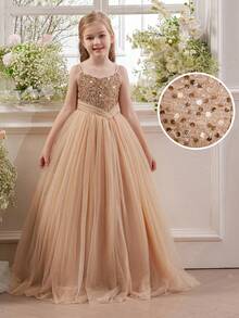 少女金色亮片网纱薄纱派对礼服，优雅公主裙，适合女孩生日派对、青少年正式晚宴、花童、伴娘、舞会、节日庆典 - 香檳色 - 查看 4