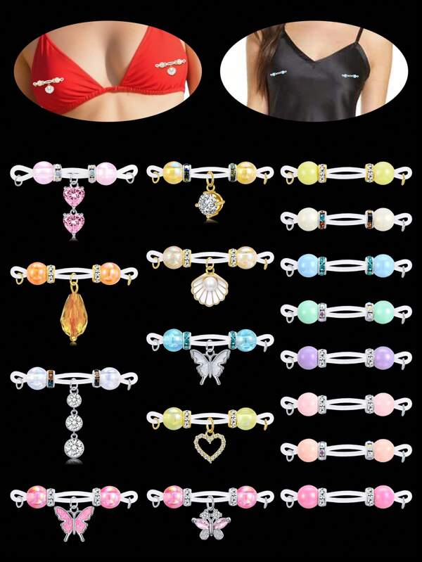 2 Pairs Fake Nipple Rings - Adjustable Fit Daily Wear Nipple Nooses - 8mm Candy Beads, Fake Nipple Jewelry Faux Nipple Piercing Non Pierce Faux Barbells Dangles With Heart, Shell, Butterfly, Fake Nipple Piercings, Valentine For Lovers, Colorful, Perfect For Beach