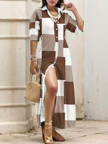 Vestido de mujer de manga larga con botones y cuello de solapa, estampado aleatorio - Marrón - Ver 1