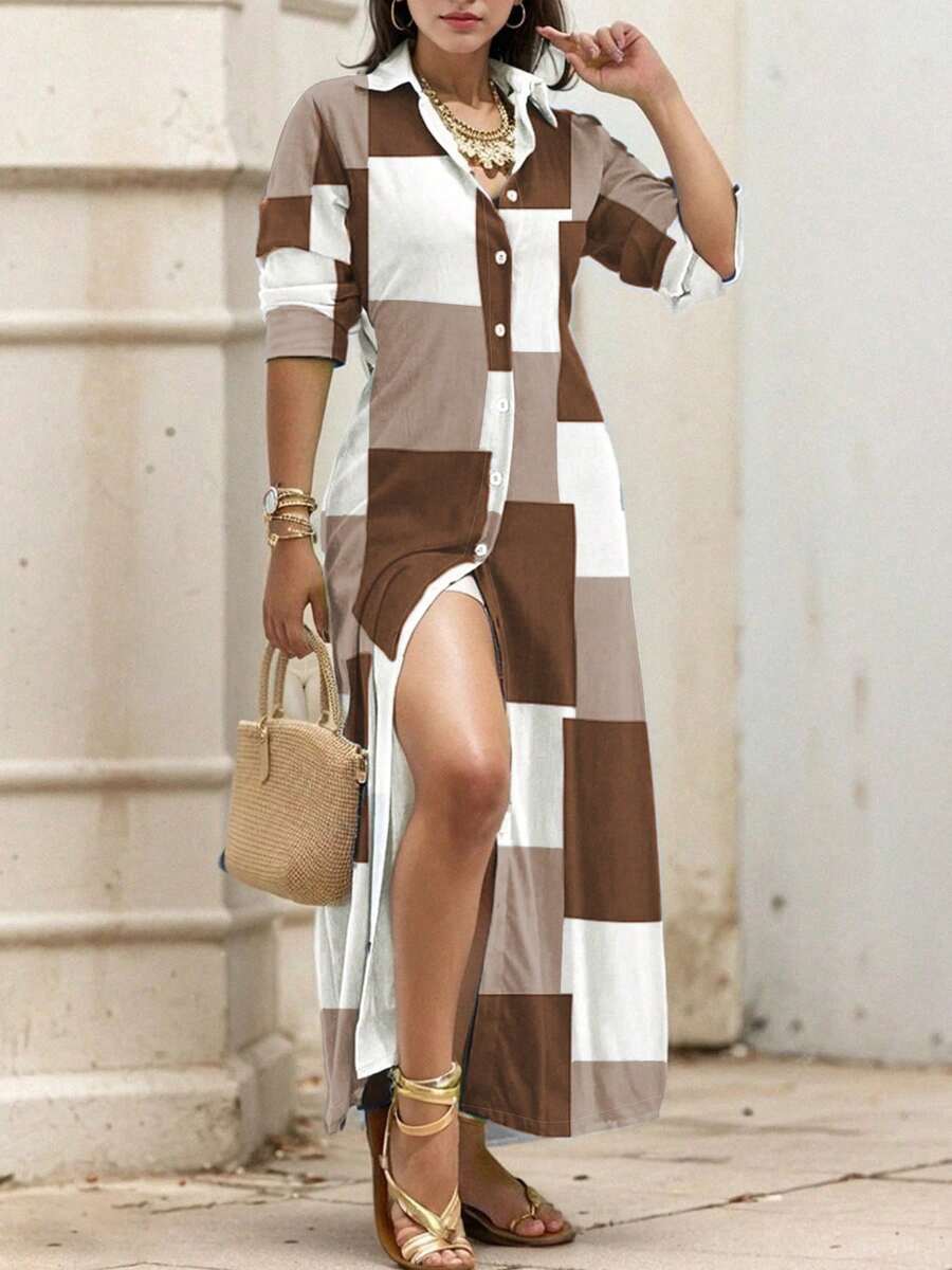 Vestido de mujer de manga larga con botones y cuello de solapa, estampado aleatorio - Marrón - Ver 1