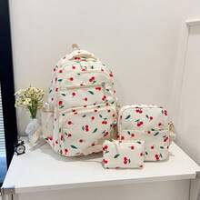 Set de 3 mochilas con estampado de lazo de nailon, mochila plegable de gran capacidad con múltiples bolsillos y cremallera impermeable, adecuada para adolescentes, estudiantes de secundaria y universidad, mujeres para uso diario, ir y venir, viajes, regalo del Día de San Valentín - Rojo - Ver 2