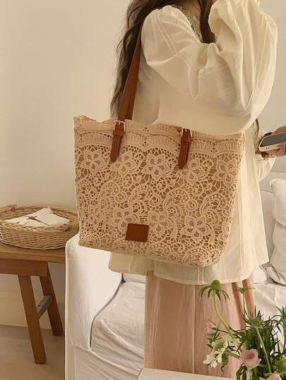 Summer Fresh & Gentle Lace Tote Bag, Hollow Out Casual Large Capacity Handbag For Work & Commute