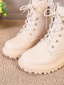 1 Pair Toddler/Kids Matte PU Leather Boots, Soft Lining, Side Zipper, Round Toe, Lace-Up, Thick Sole, Fashion Cute Mid-Calf Boots, Suitable For 3-12 Years Old Boys/Girls, Casual, Daily, Party, Vacation, Autumn/Winter - Beige - View 7