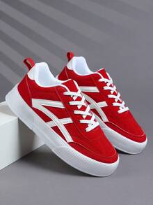 男士时尚高端简约纯色系带休闲运动鞋，百搭日常户外通勤舒适红色步行鞋 - 紅色 - 查看 3