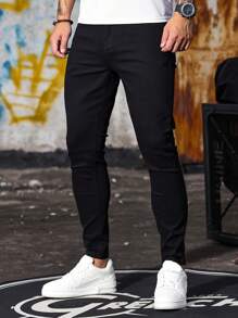 1pc Men's Black Skinny Slim Fit Jeans, Street Style Comfortable Casual Workwear Distressed Denim Pants, Suitable Gift For Husband/Boyfriend - 黑色 - 查看 1