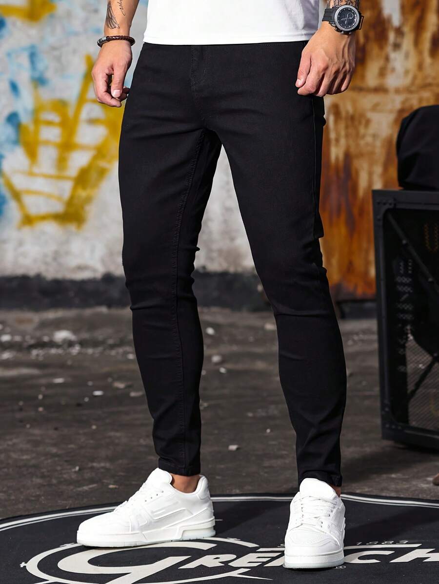 1pc Men's Black Skinny Slim Fit Jeans, Street Style Comfortable Casual Workwear Distressed Denim Pants, Suitable Gift For Husband/Boyfriend - 黑色 - 查看 1
