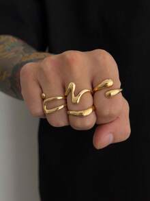 5pcs Punk Minimalist Liquid Metal Ring Set For Men, Casual Daily Wear, Suitable As Gift