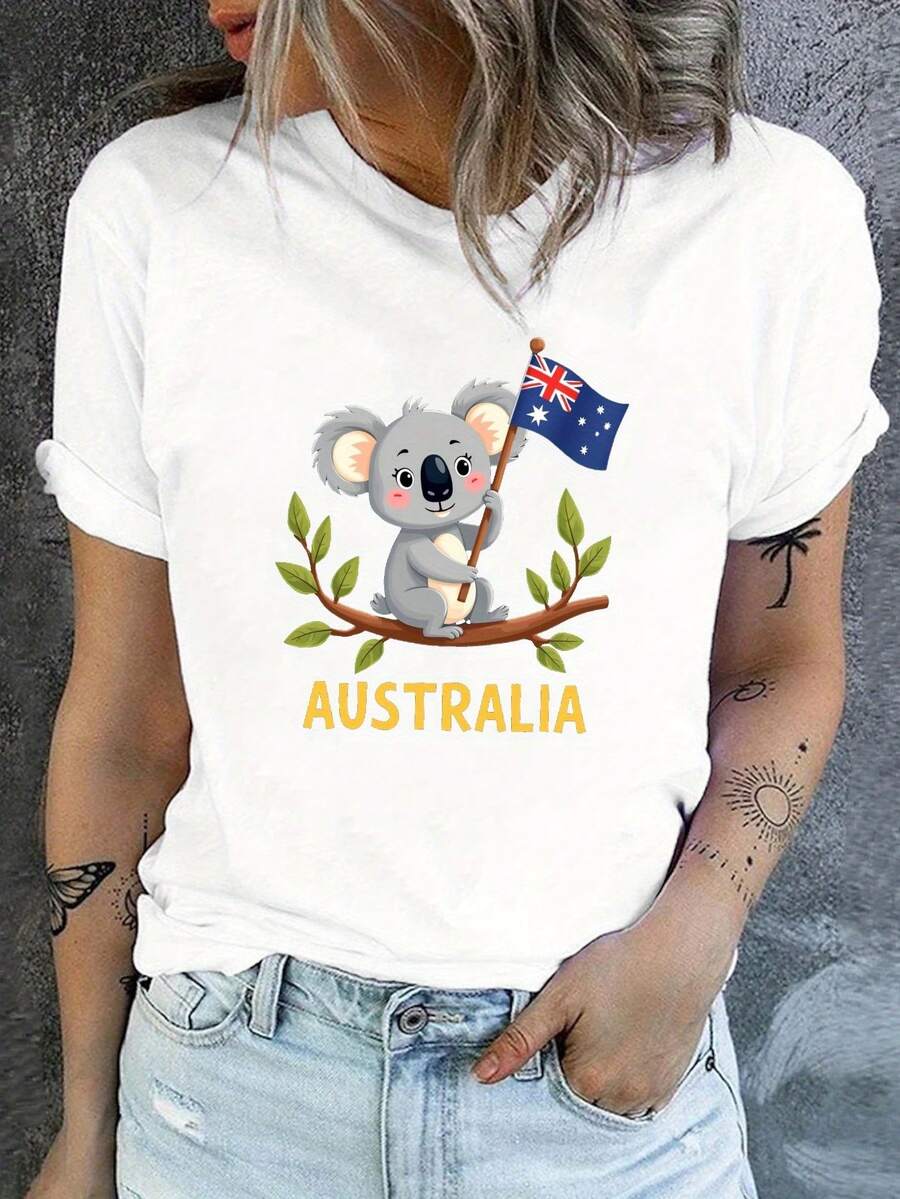 Women's Australian Flag And Koala Pattern T-Shirt - Short Sleeve Round Neck Casual Top With Bold 'AUSTRALIA' Text, Breathable Mid-Stretch Fabric, Machine Washable Regular Fit Summer Spring Comfortable Fit Shirt - White - View 1