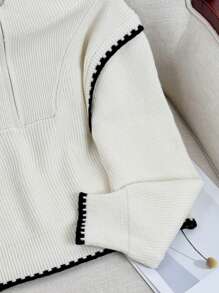 Half-Zip High Neck Patchwork Knit Sweater, Loose Design Casual Pullover Top - White - View 5