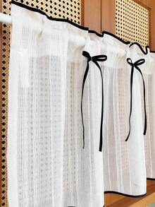 1 pieza, Panel corto de cortina decorativa con textura de lino rústico falso y lazo negro, versátil para cocina, armarios de comedor y entradas, de fácil cuidado y lavable, con filtrado de luz para decoración de estilo granja