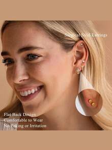 Milacolato Hypoallergenic Gold Stud Hoop Earrings For Women Men Surgical Stainless Steel Flat Back Earrings Small 14K Gold Huggie Hoops Cartilage Earring Set For Multiple Piercing Jewelry Gifts For Women - 彩色 - 查看 7