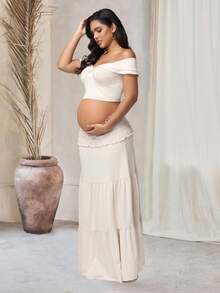 JustVH Maternity Off Shoulder Ruched Twist Fron Crop Top & Ruffles Skirt 2-Pieces-Set For Photoshoot, Baby Shower - Beige - View 3
