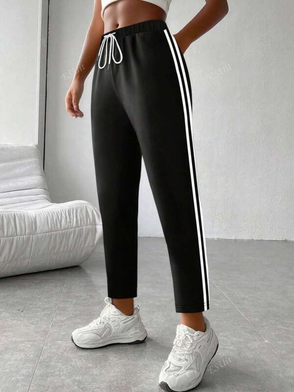 1 pieza Pantalones casuales de mujer de un solo color, de tela de punto con cordón