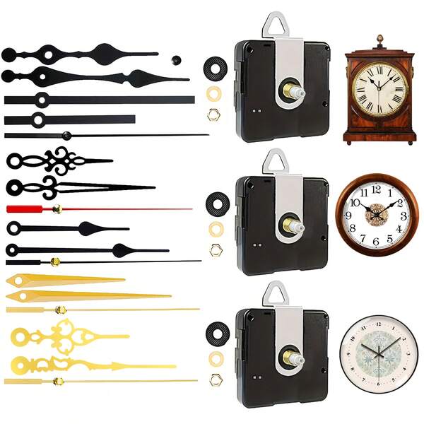3 Stück leises Uhrwerk-Set mit 6 Uhrzeigern, für Wand- und Tischuhren Reparatur, Ersatz und Selbstbau, 3 Schaftlängen: 16mm, 20mm, 22mm, geeignet für Wanddekoration, tolles Geschenk für Uhrenliebhaber, Heimdekoration, Raumdekoration