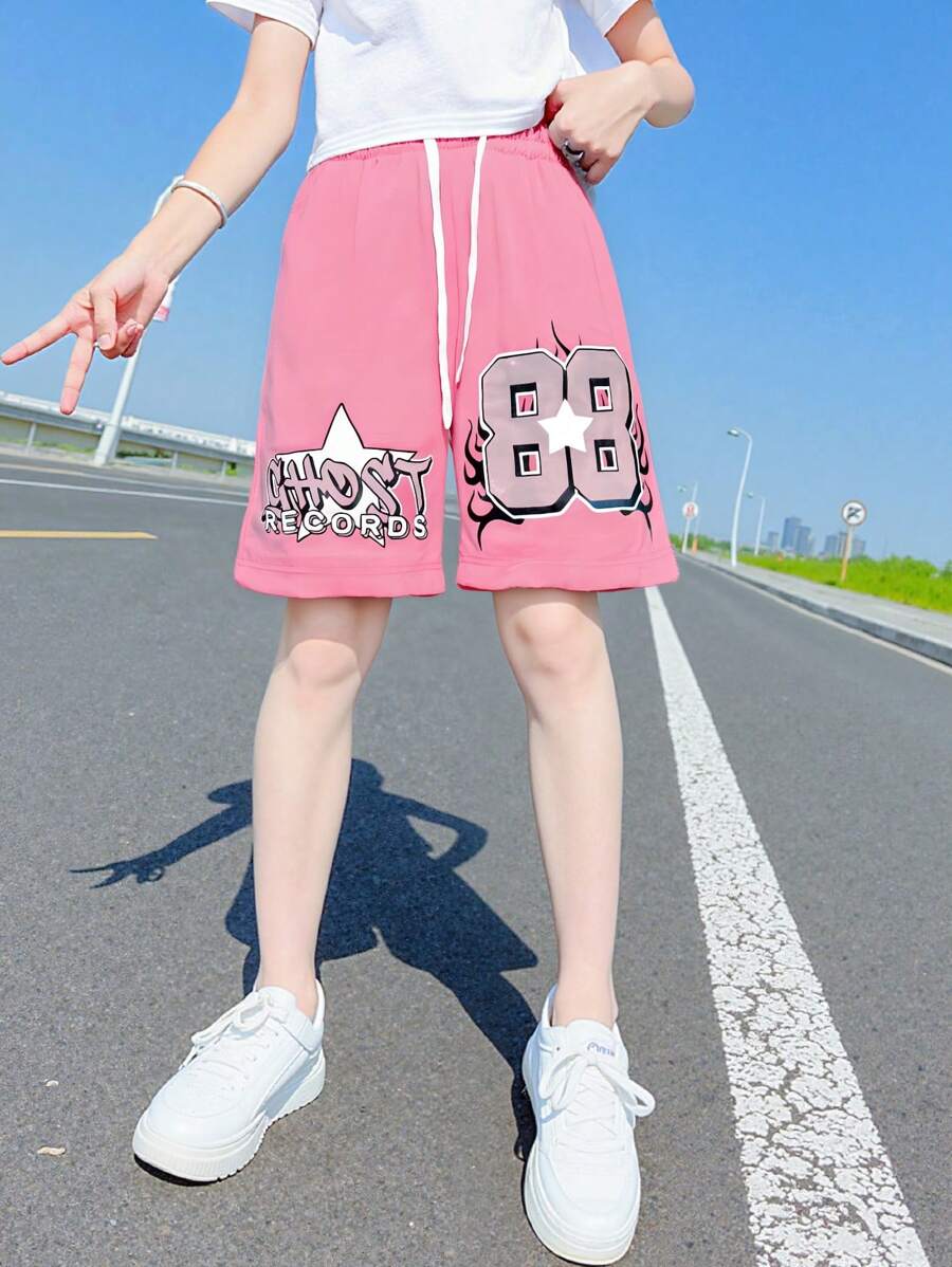 Hip Hop Street Style Pink Shorts Letter And Star Print Fashionable Cool Shorts Unisex Loose Fit Hip Hop Shorts Fashion Summer Streetwear,  Workout Clothes Women, Summer Casual Activewear,  For Back To School