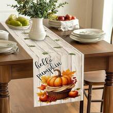 1pc Autumn Gratitude Sister Theme Table Runner - Pumpkin With Green Leaves And Black Grid Design, Suitable For Holiday Parties, Kitchen Dining, Home Decoration, Durable Polyester Material Holiday Table Decoration, Holiday Table Decoration, Autumn Harvest Theme Decoration, Bow Decoration, Autumn And Thanksgiving Decoration.