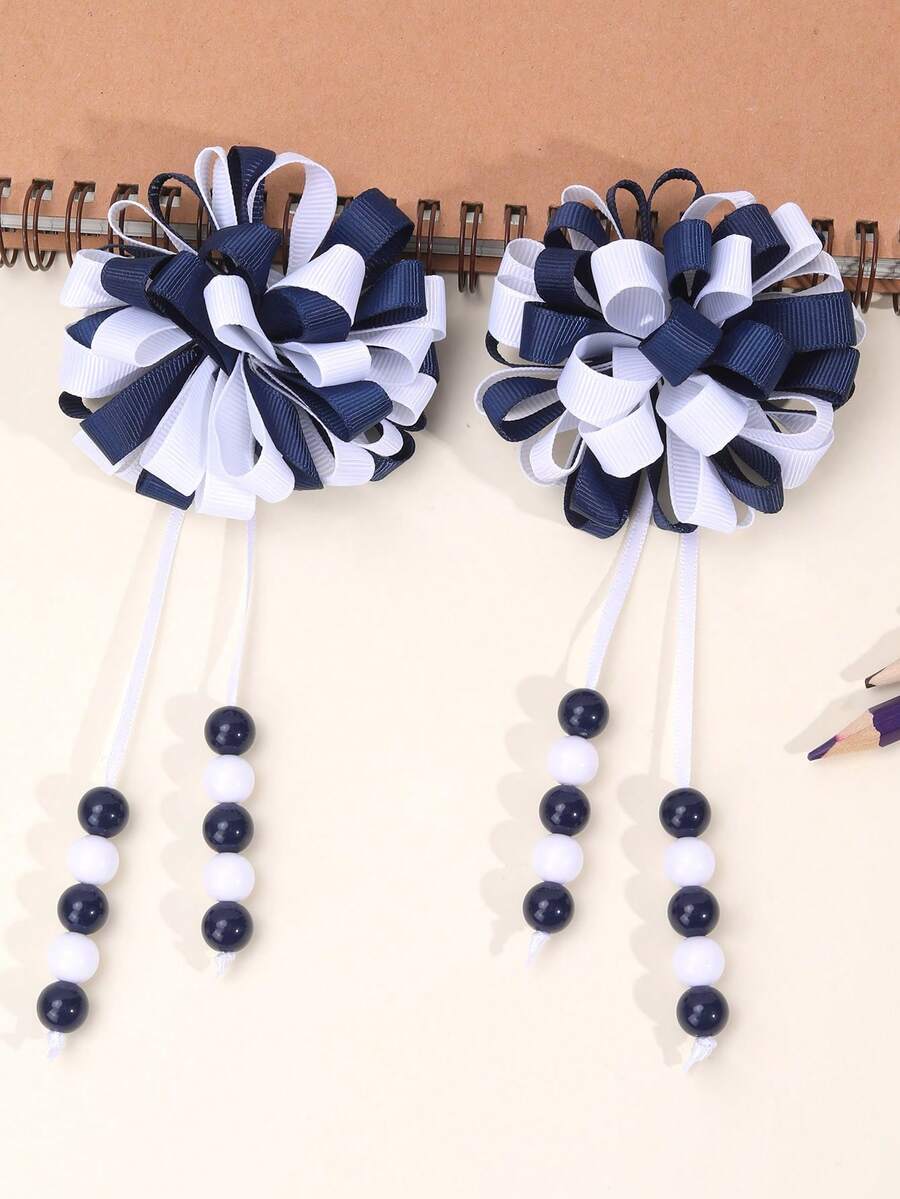 2pcs Navy Blue Fluffy Pom Pom Tassel Hair Clips, Suitable For Girls, Navy Blue & White Satin Ribbon Fluffy Pom Pom Alligator Clips With Beaded Tassel, Adorable Pom Pom Flower Tassel Hair Clips, Back To School Gift, First Day Of School Hair Clips, Teens Hair Accessories - Blue and White - View 1