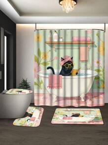1/4pcs Vintage Cat Shower Curtain, Black Cat With Glasses & Pink Turban, Bathtub Reading Design, Retro Floral Polyester Bathroom Decor, 70.8x70.8 Inches With 12 Hooks, Washable And Line Dry