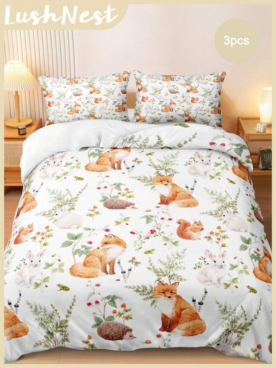 Juego de ropa de cama de 3 piezas con diseño digital de zorros, ardillas, erizos y conejos sobre base blanca (1 funda nórdica + 2 fundas de almohada, sin relleno), de poliéster suave y transpirable, apto para dormitorio, para todas las estaciones - Multicolor - Ver 1