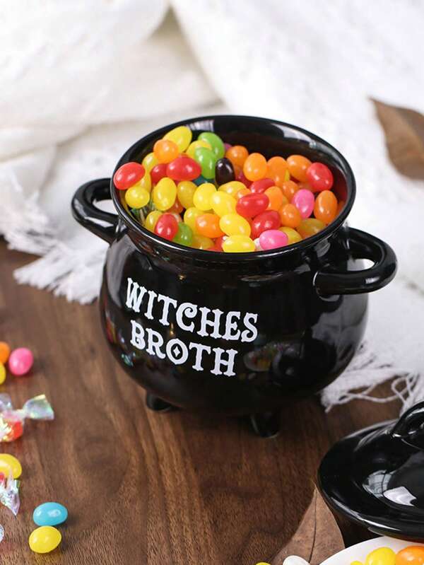 1 pieza Olla de bruja de Halloween mediana de cerámica con tapa y cuchara, caldero negro gótico de boticario de boca ancha y redonda con aspecto hecho a mano, recipiente/almacenamiento/decoración para dulces para suministros de fiesta de Halloween | Tarro de dulces de Halloween, decoración de tarro de boticario, almacenamiento de olla de bruja