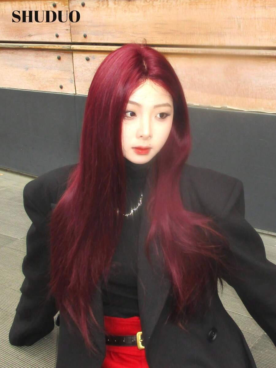 SHUDUO 额头形状蕾丝 4*1，额头蕾丝长直假发，中心分裂红色假发，半编织日常自然，时尚逼真假发（不含配件）