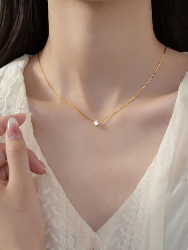 1 Stück modischer minimalistischer Anhänger-Halskette mit einzelnem Diamant-Kubikzirkonia aus Edelstahl, geeignet für den täglichen Gebrauch, Feste und Partys von Frauen
