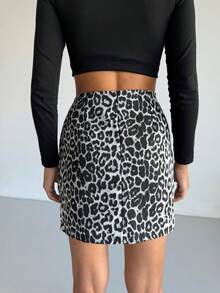 Women's Leopard Print Mini Skirt - High Waist Slim Fit Bodycon Skirt - Grey - View 5
