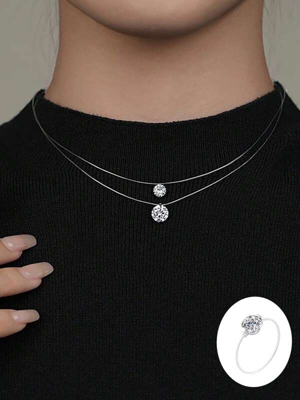 925er Silber Rund Kristall Angelschnur Doppelspitz-Schliff Transparenter Kubikzirkonia Anhänger Halskette und Ring, mit einem schlichten und eleganten Alltagsstil, geeignet für Mädchen und Damen zum Tragen.