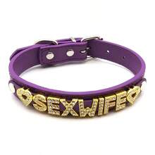 1件性感内衣配饰，紫色皮革水钻“SEXWIFE”颈链，个性化哥特角色扮演首饰 - 彩色 - 查看 1