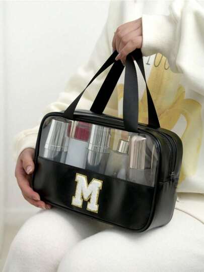 1 PIEZA Bolsa de maquillaje de mujer con diseño de cremallera, estampado de letra floral y unicolor de PU y PVC, impermeable, con correa para llevar, adecuada para estudiantes universitarios, vacaciones, viajes, escuela, playa, accesorios de playa y útiles escolares (Rosa)