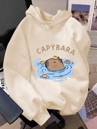 1 Piece Of Tween Girl Long Sleeved Hooded Sweatshirt With "Capybara" Print Pattern, Autumn And Winter