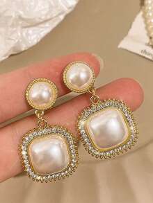 6 pares de pendientes elegantes y vintage con diseño geométrico cuadrado de perlas falsas, minimalistas y elegantes, versátiles para uso diario y festivo de las mujeres - Conjunto N - Ver 4