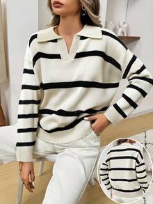 Plus Size Casual Versatile Colorblock Striped Sweater, Autumn/Winter