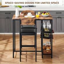 Bartisch Set 3-Teilig, Tresentisch Mit 2 Barhocker, Esstisch Mit 1 Ablagen & 2-Stufigem Weinregal & Glashalter, Essgruppe 2 Personen Industriedesign - Braun - Übersicht 5