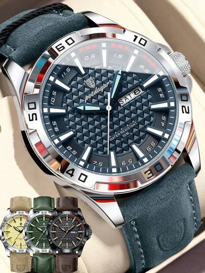 POEDAGAR 1pc Men's Luxury Waterproof Luminous PU Leather Quartz Wrist Watch, Men's Sports Date Day Display Watch, Casual Men's Wristwatch, Suitable For Daily Wear, Men's Gift