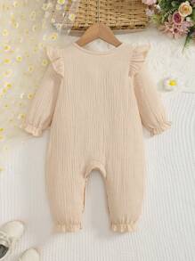 Mommbaby Baby Girl Romper Solid Color Cotton Pleated Floral Print Ruffle Trim Long Sleeve Footed Jumpsuit Playsuit, Spring/Autumn